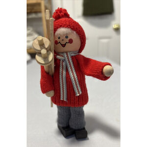 Vtg Swedish Tomte Figurine Collectible Handmade Christmas Skier Red Knit Home